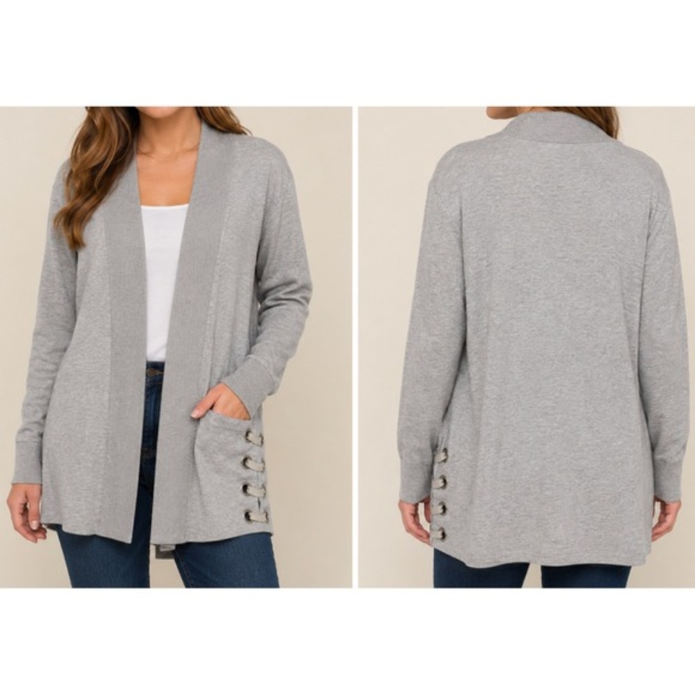 Ivanka Trump Womens Cardigan S‎ Gray Open Front Lace Up Side Grommet Sweater